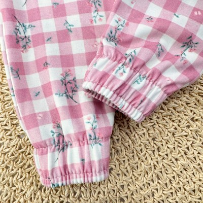 Conj. Casaco de Pelinho Coelho Cute Baby e Calça Xadrez com Florzinhas - Areia e Rose